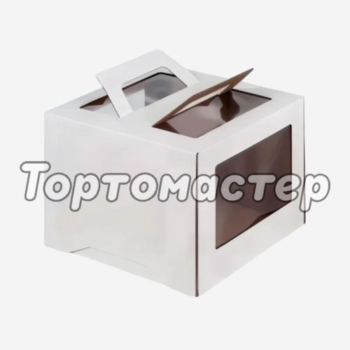 Коробка для торта с окном и ручками белая 22х22х15 см 