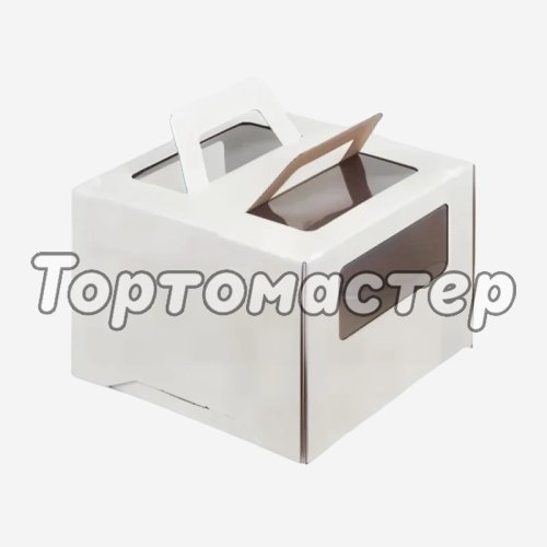 Коробка для торта с маленьким окном и ручкой белая 28х28х20 см 
