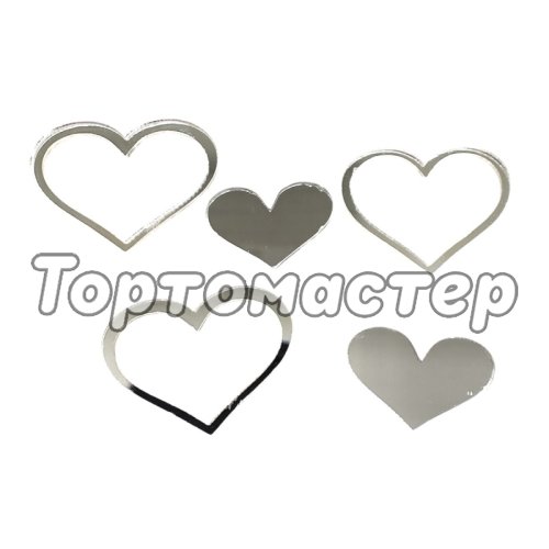 Набор топперов декоративных акриловых "Сердечки" Серебро 5 шт 
