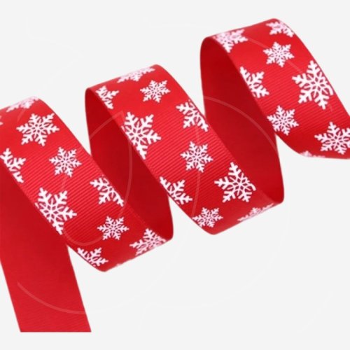 Лента для декора и упаковки Атласная "Снежинки" Красная 2,5 см 