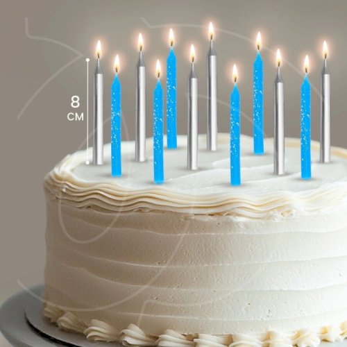 Свечи декоративные Серебро и голубой с блёстками 8 см 12 шт 9943322	